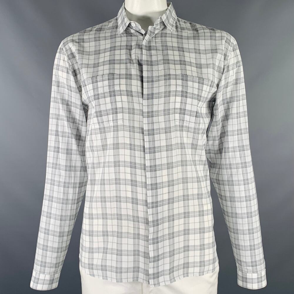 DIOR HOMME Size L White Grey Plaid Cotton Button Up Long Sleeve Shirt